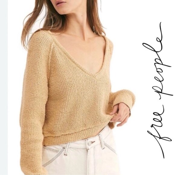 Free People | "Camel" Women's High Low V-Neck Cropped Sweater | Size Small - Picture 1 of 12